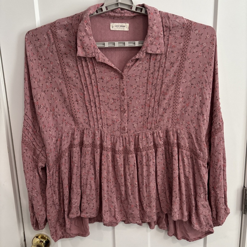 Lucky Brand Ditzy Floral Boho Dusty Pink Peasant Top Size Large